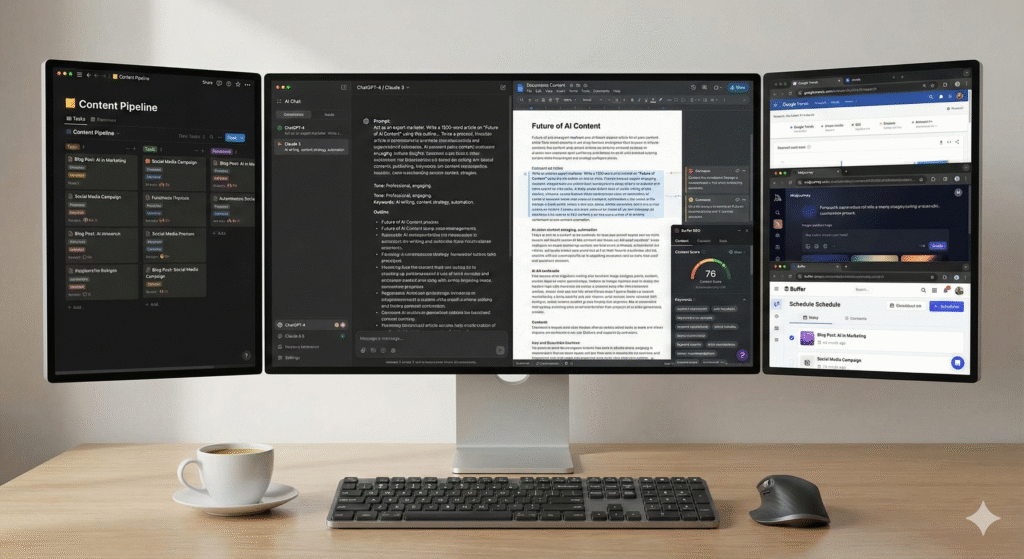 Giao diện làm việc khi ứng dụng AI viết content trên màn hình máy tính của một Content Creator chuyên nghiệp