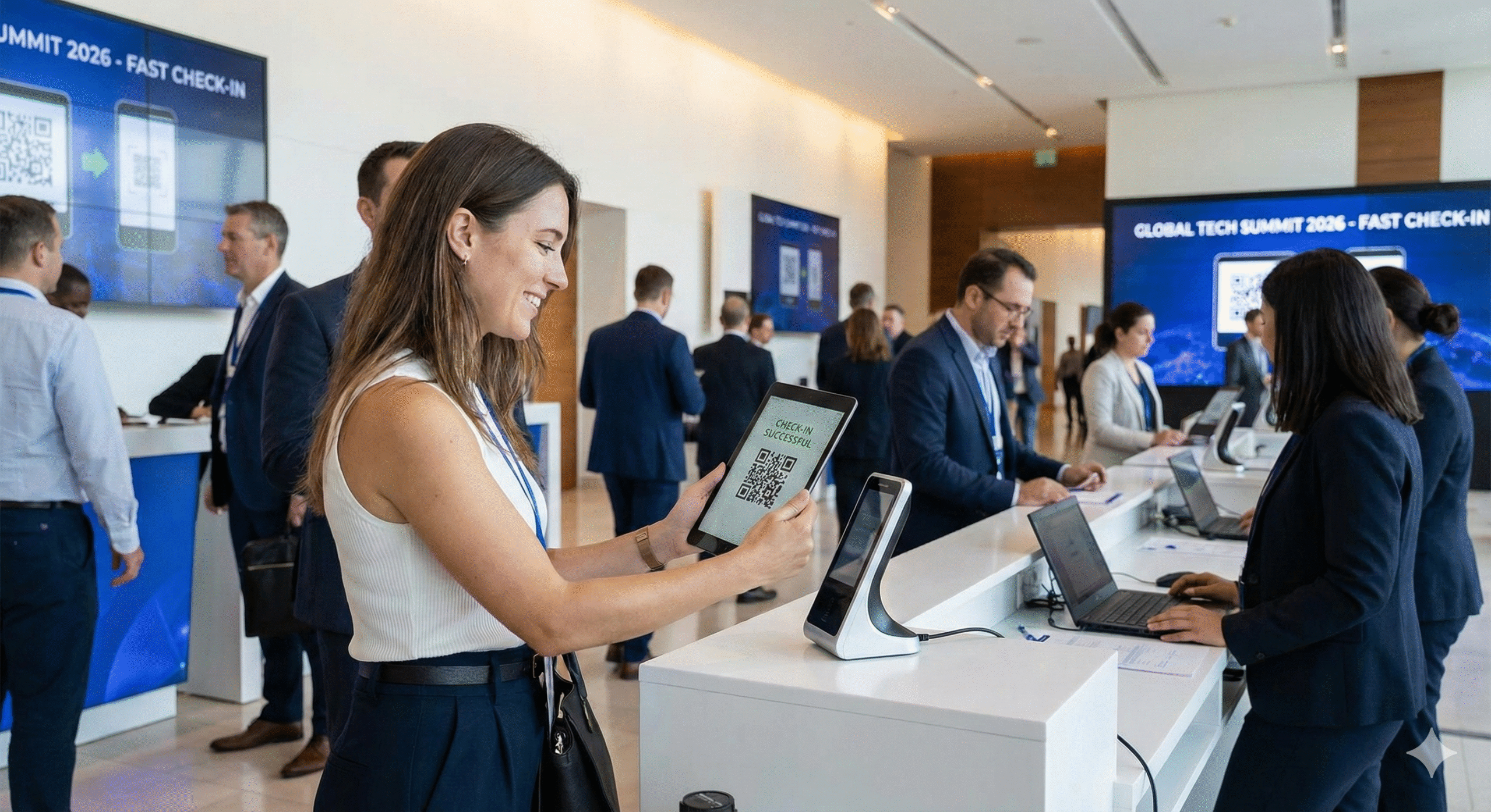 Khách mời trải nghiệm quy trình check-in sự kiện nhanh chóng bằng quét mã QR Code trên máy tính bảng