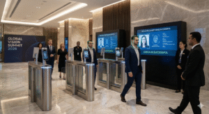 Hệ thống camera AI nhận diện khuôn mặt khách mời tại khu vực check-in sự kiện cao cấp