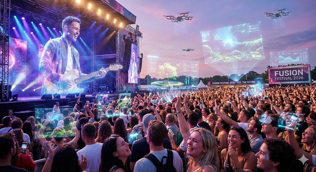 Minh họa xu hướng tổ chức sự kiện 2026 với sự kết hợp giữa công nghệ Hologram ảo và trải nghiệm cảm xúc thực tế của con người